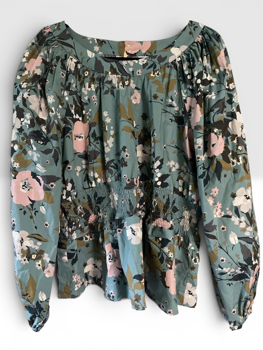Spartina 449 Green Floral Smocked Peasant Top with Pink and Cream Blooms